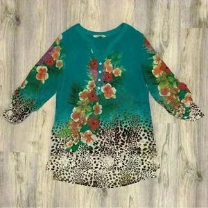 Soft Surroundings Tropical Floral Leopard Top 3/4 Sleeve Sheer Blouse Size S